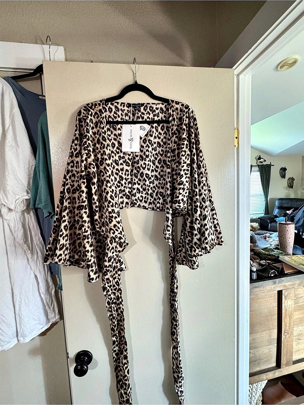 hers & mine Leopard Print Cropped Wrap Blouse NWT